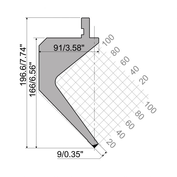 Bovengereedschap R1 Eurostyle type met werkhoogte=166,6mm, α=88°, Radius=0,6mm, Gereedschapsstaal=C45, Max.