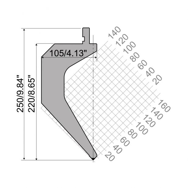 Bovengereedschap R1 Eurostyle type met werkhoogte=220mm, α=85°, Radius=1,5mm, Gereedschapsstaal=42Cr, Max. c