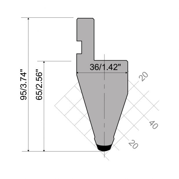 Bovengereedschap R1 Eurostyle type met werkhoogte=65mm, α=35°, Radius=5mm, Gereedschapsstaal=C45, Max. capac