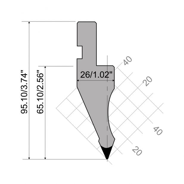 Bovengereedschap R1 Eurostyle type met werkhoogte=65,1mm, α=45°, Radius=1,5mm, Gereedschapsstaal=C45, Max. c