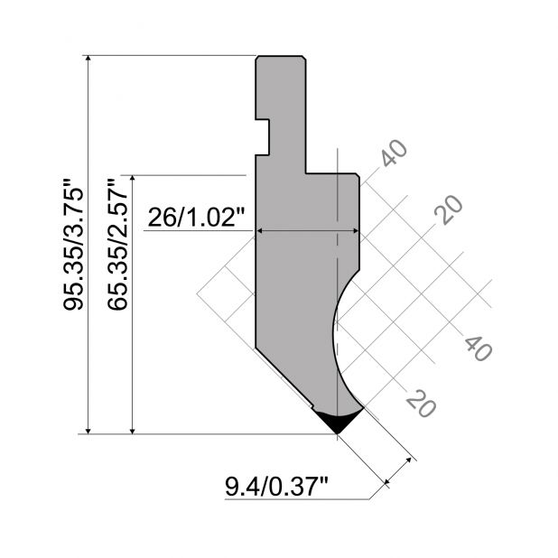 Bovengereedschap R1 Eurostyle type met werkhoogte=65,35mm, α=88°, Radius=3mm, Gereedschapsstaal=C45, Max. ca