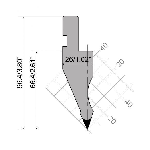 Bovengereedschap R1 Eurostyle type met werkhoogte=66,4mm, α=45°, Radius=0,5mm, Gereedschapsstaal=C45, Max. c