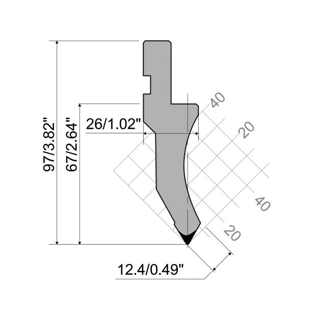 Bovengereedschap R1 Eurostyle type met werkhoogte=67mm, α=60°, Radius=0,8mm, Gereedschapsstaal=C45, Max. cap