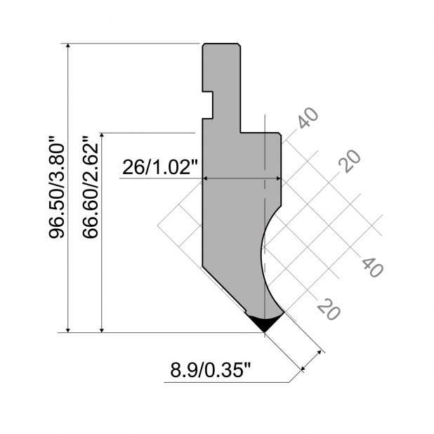 Bovengereedschap R1 Eurostyle type met werkhoogte=65,45mm, α=85°, Radius=3mm, Gereedschapsstaal=C45, Max. ca