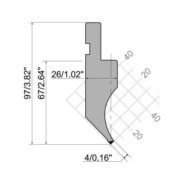 Bovengereedschap R1 Eurostyle type met werkhoogte=67mm, α=88°, Radius=0,6mm, Gereedschapsstaal=42Cr, Max. ca