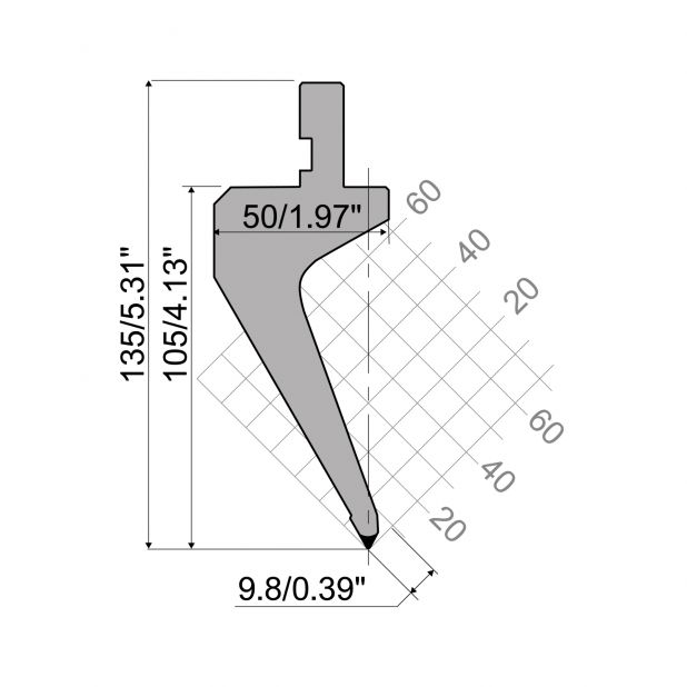 Bovengereedschap R1 Eurostyle type met werkhoogte=105mm, α=60°, Radius=0,8mm, Gereedschapsstaal=42Cr, Max. c