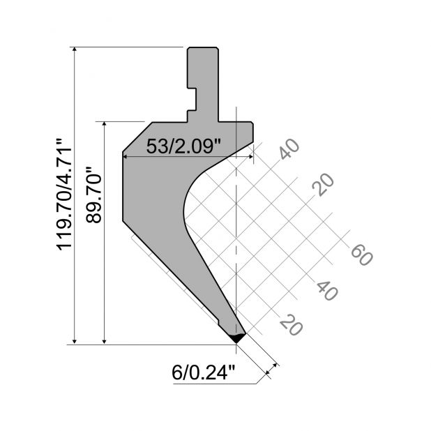 Bovengereedschap R1 Eurostyle type met werkhoogte=89,7mm, α=88°, Radius=0,8mm, Gereedschapsstaal=C45, Max. c