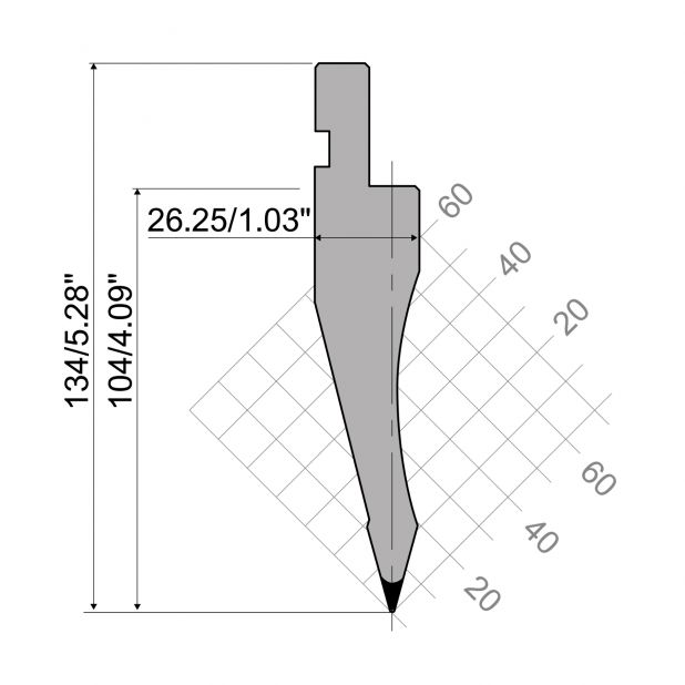Bovengereedschap R1 Eurostyle type met werkhoogte=104mm, α=30°, Radius=0,8mm, Gereedschapsstaal=C45, Max. ca