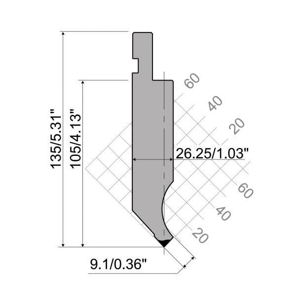 Bovengereedschap R1 Eurostyle type met werkhoogte=105mm, α=85°, Radius=0,8mm, Gereedschapsstaal=C45, Max. ca