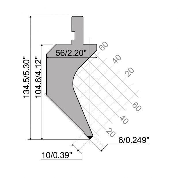 Bovengereedschap R1 Eurostyle type met werkhoogte=104,65mm, α=88°, Radius=0,8mm, Gereedschapsstaal=C45, Max.