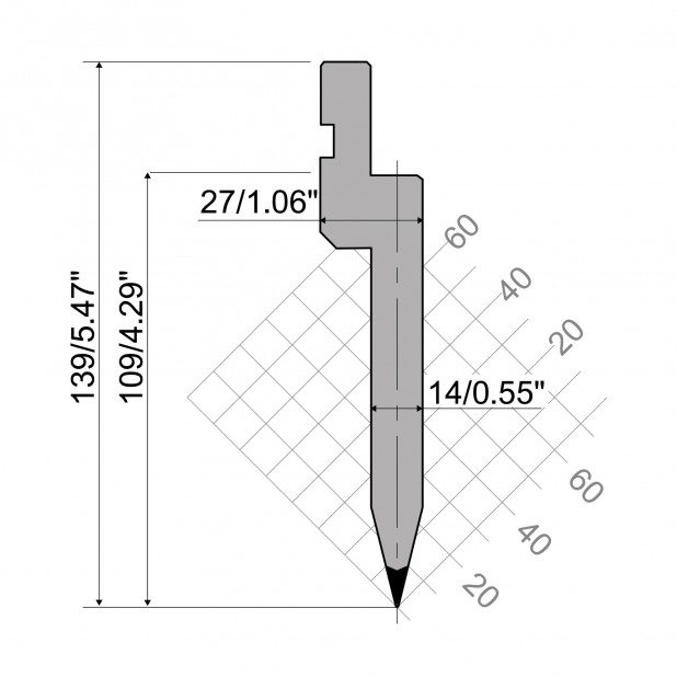 Bovengereedschap R1 Eurostyle type met werkhoogte=109mm, α=26°, Radius=3mm, Gereedschapsstaal=C45, Max. capa