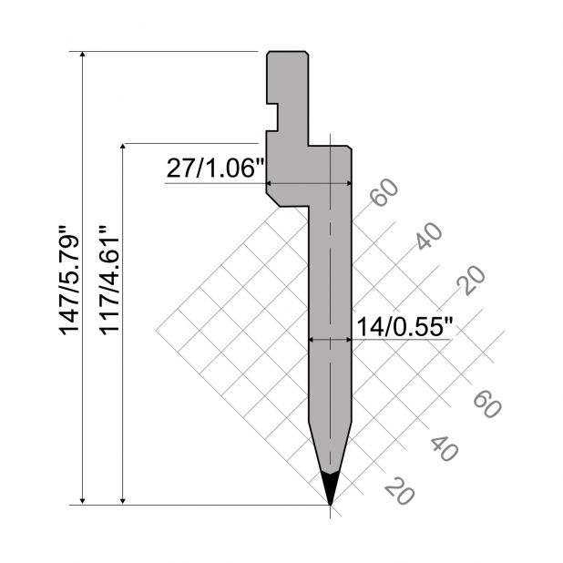 Bovengereedschap R1 Eurostyle type met werkhoogte=117mm, α=26°, Radius=0,8mm, Gereedschapsstaal=C45, Max. ca