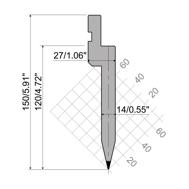 Bovengereedschap R1 Eurostyle type met werkhoogte=120mm, α=26°, Radius=0,8mm, Gereedschapsstaal=C45, Max. ca