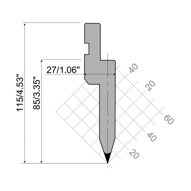 Bovengereedschap R1 Eurostyle type met werkhoogte=85mm, α=35°, Radius=0,8mm, Gereedschapsstaal=C45, Max. cap