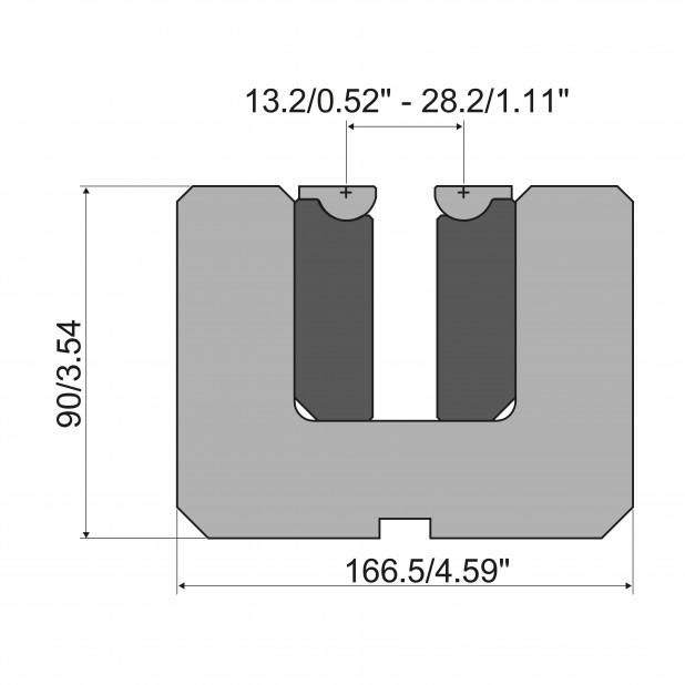 Verstelbare V Rolla-V matrijs gereedschapsstaal 42 Cr. Max.capaciteit 2000 kN/m. Minimale "V" 13.2 mm. Maximal