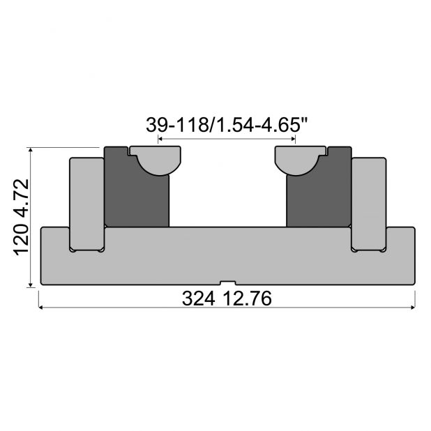 Verstelbare V" Rolla-v die in 42 Cr. Max.belasting 3500 kN/m. Minimale "V" 39 mm. Maximale "V" 118 mm.