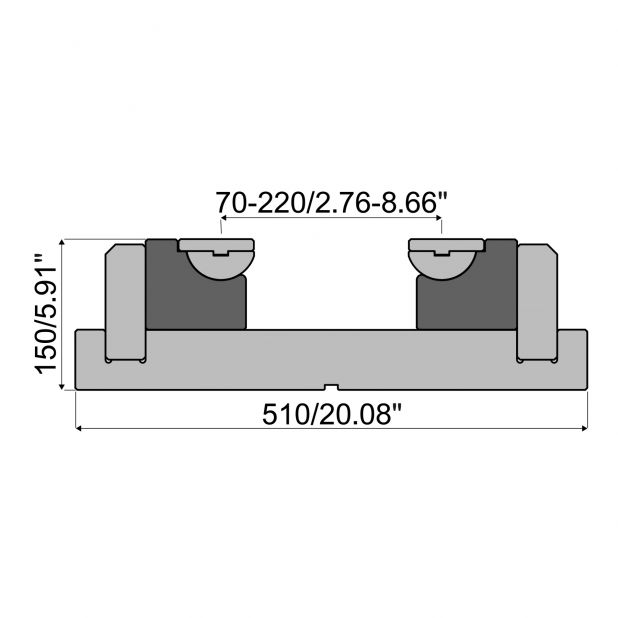 Verstelbare V" Rolla-v die in 42 Cr. Max.belasting 3500 kN/m. Minimale "V" 39 mm. Maximale "V" 118 mm.