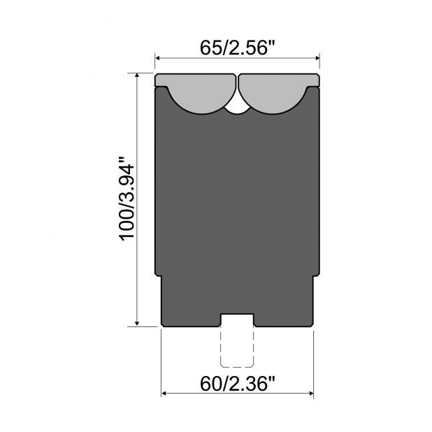 Rolla-V matrijs met 60 mm opname basis. RVM series gereedschapsstaal 42 Cr. Max.capaciteit 2000 kN/m. Minimale