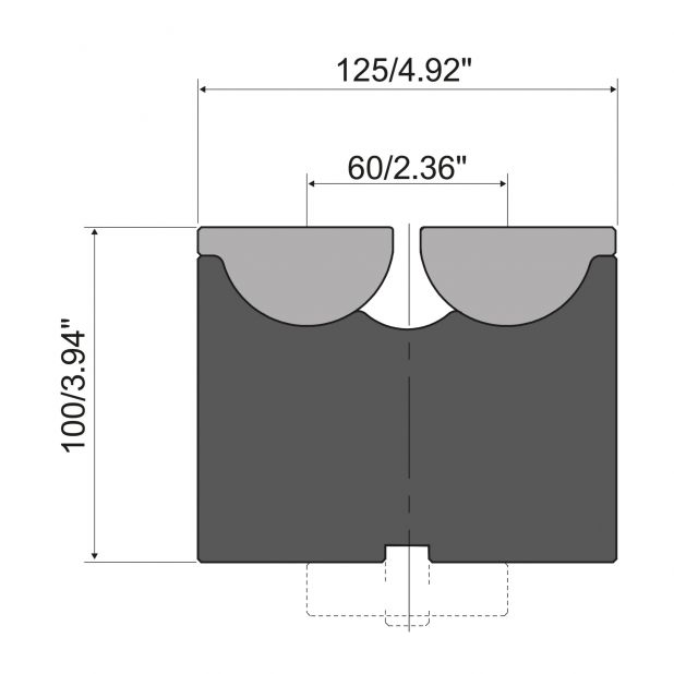 Rolla-V matrijs met 60 mm opname basis. RVM series gereedschapsstaal 42 Cr. Max.capaciteit 2500 kN/m. Minimale