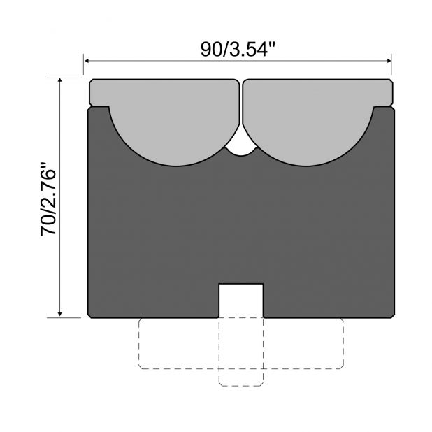 Rolla-V matrijs met 90 mm opname basis. RVM series gereedschapsstaal 42 Cr. Max.capaciteit 2500 kN/m. Minimale