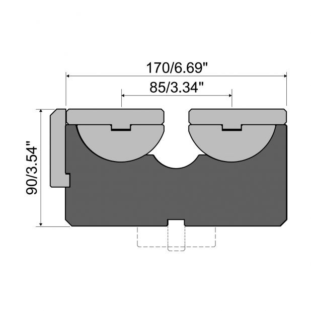 Rolla-V matrijs met 60 mm opname basis. RVM series gereedschapsstaal 42 Cr. Max.capaciteit 3000 kN/m. Minimale