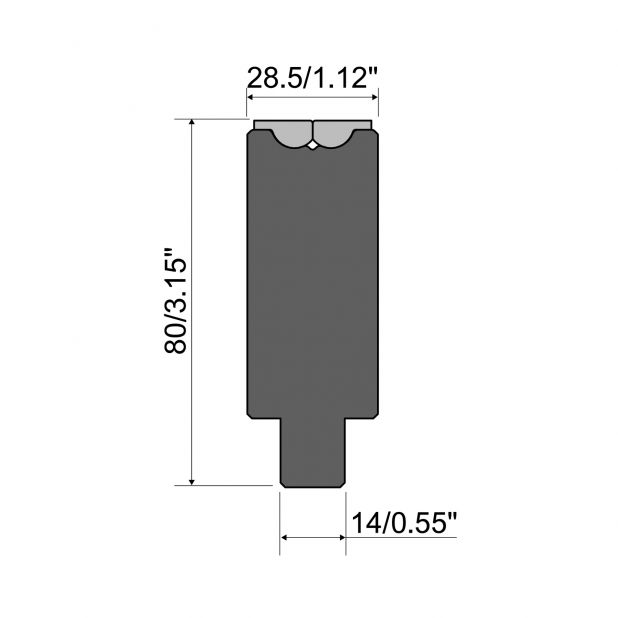 Rolla-V matrijs RVS series in 42 Cr. Max.belasting 1000 kN/m. Minimale Buighoek 35°.