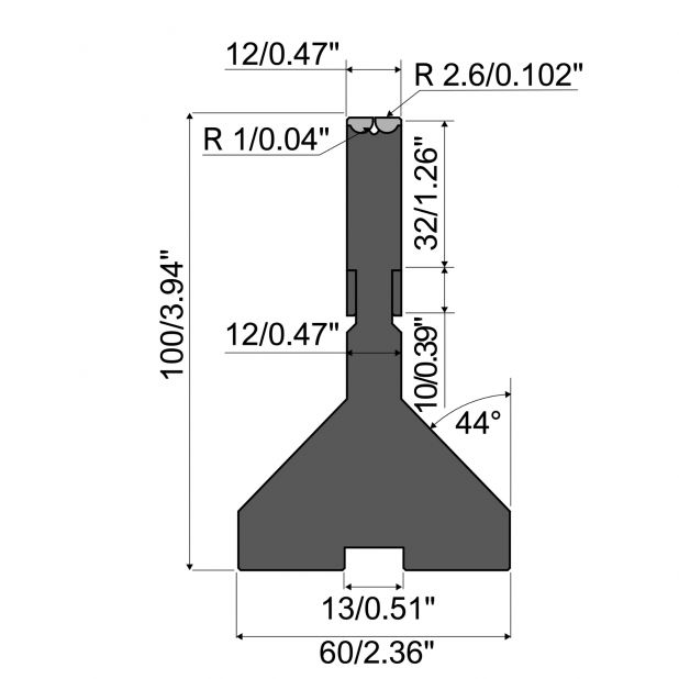 Rolla-V matrijs XT series gereedschapsstaal 42 Cr. Max.capaciteit 500 kN/m. Minimale buighoek 60°.