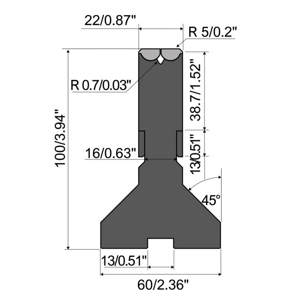 Rolla-V matrijs XT Series gereedschapsstaal 42 Cr. Max.capaciteit 500 kN/m. Minimale buighoek 60°.