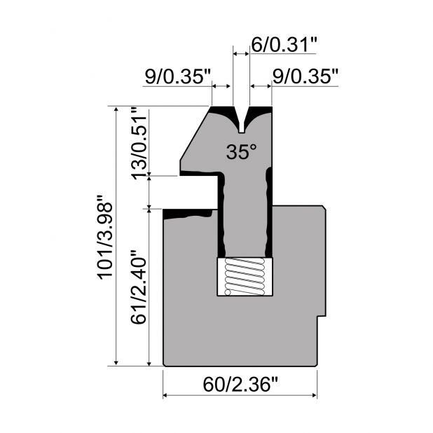 Veergelagerde dichtdrukmatrijs R1 Eurostyle type met hoogte=101mm, α=35°, Radius=1mm, Gereedschapsstaal=C45,