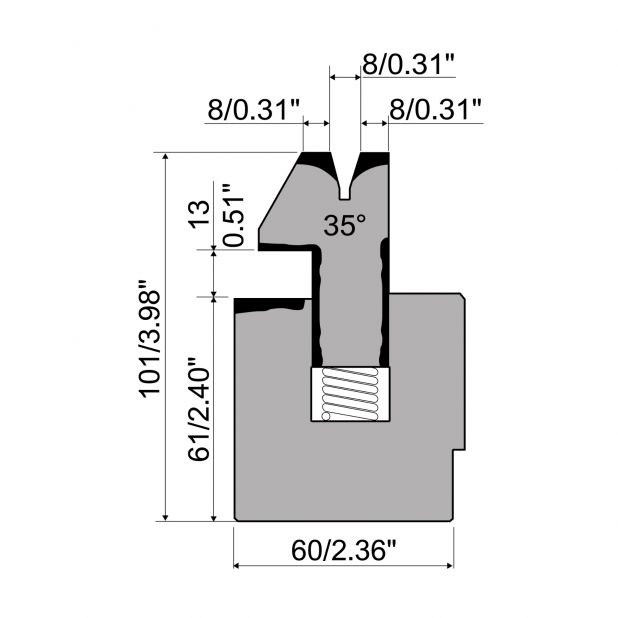 Veergelagerde dichtdrukmatrijs R1 Eurostyle type met hoogte=101mm, α=35°, Radius=1mm, Gereedschapsstaal=C45,