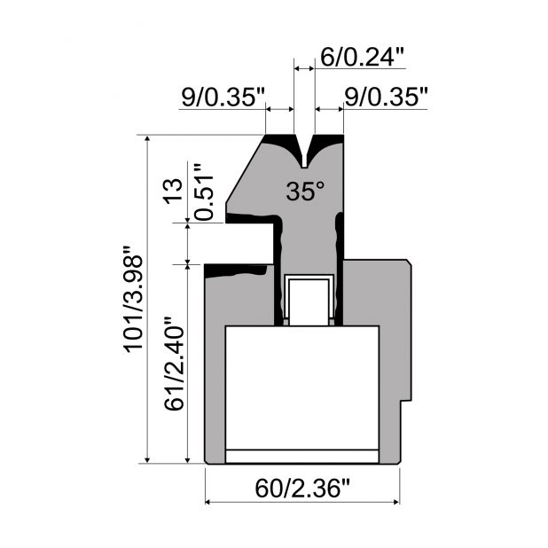 Pneumatische dichtdrukmatrijs R1 Eurostyle type met hoogte=101mm, α=35°, Radius=1mm, Gereedschapsstaal=C45,