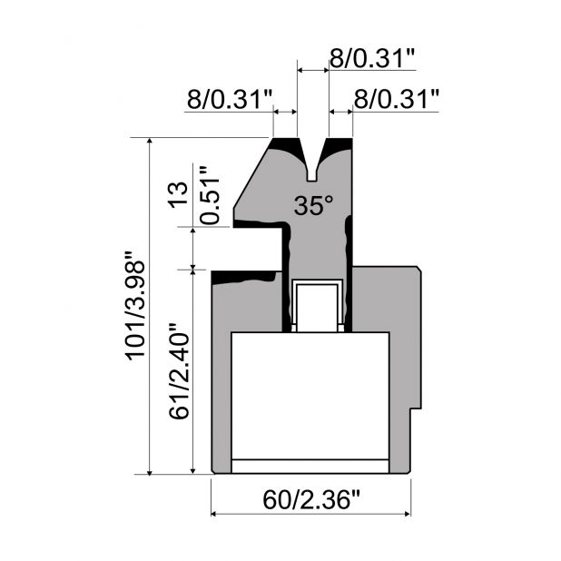 Pneumatische dichtdrukmatrijs R1 Eurostyle type met hoogte=101mm, α=35°, Radius=1mm, Gereedschapsstaal=C45,