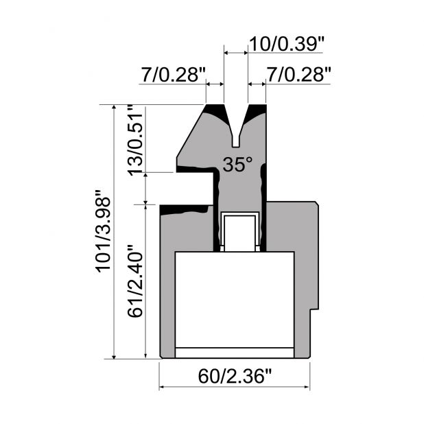 Pneumatische dichtdrukmatrijs R1 Eurostyle type met hoogte=101mm, α=35°, Radius=1mm, Gereedschapsstaal=C45,