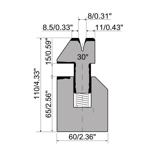 Veergelagerde dichtdrukmatrijs R1 Eurostyle type met hoogte=110mm, α=30°, Radius=1,5mm, Gereedschapsstaal=C4