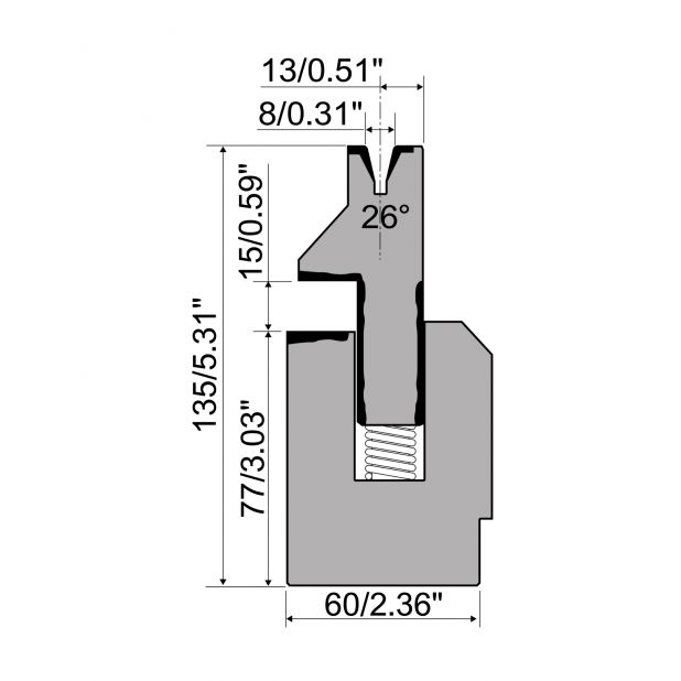 Veergelagerde dichtdrukmatrijs R1 Eurostyle type met hoogte=135mm, α=26°, Radius=1,5mm, Gereedschapsstaal=42