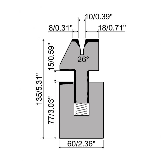 Veergelagerde dichtdrukmatrijs R1 Eurostyle type met hoogte=135mm, α=26°, Radius=1,5mm, Gereedschapsstaal=C4