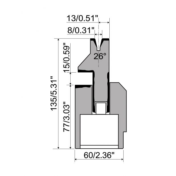 Pneumatische dichtdrukmatrijs R1 Eurostyle type met hoogte=110mm, α=26°, Radius=1,5mm, Gereedschapsstaal=42C