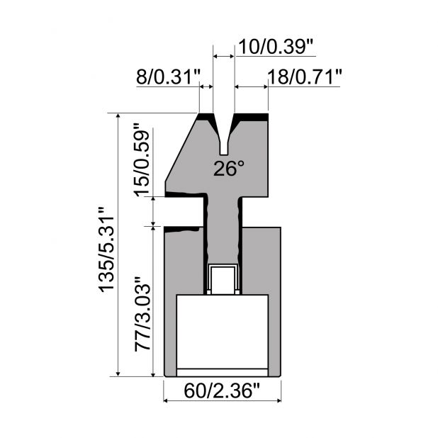 Pneumatische dichtdrukmatrijs R1 Eurostyle type met hoogte=135mm, α=26°, Radius=1,5mm, Gereedschapsstaal=C45