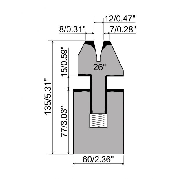 Veergelagerde dichtdrukmatrijs R1 Eurostyle type met hoogte=135mm, α=26°, Radius=2mm, Gereedschapsstaal=C45,