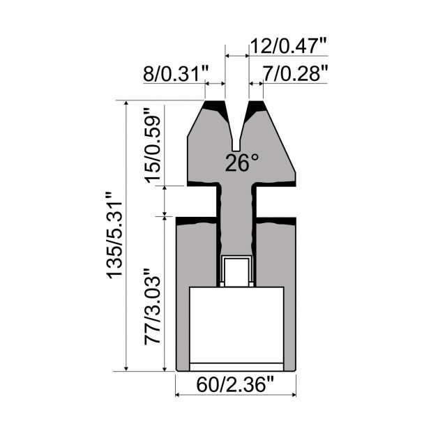 Pneumatische dichtdrukmatrijs R1 Eurostyle type met hoogte=135mm, α=26°, Radius=2mm, Gereedschapsstaal=C45,