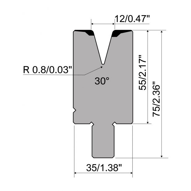 Dichtdrukmatrijs R1 TOP European type met werkhoogte=55mm, Gereedschapsstaal=C45, Max. capaciteit=500kN/m.In c