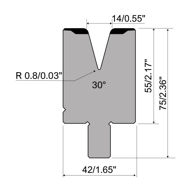 Dichtdrukmatrijs R1 TOP European type met werkhoogte=55mm, Gereedschapsstaal=C45, Max. capaciteit=500kN/m.In c