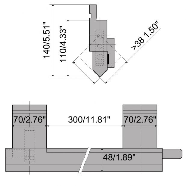 Bovengereedschap voor gesloten profielen met werkhoogte=110mm, Gereedschapsstaal=C45, Max. capaciteit=150kN/m.