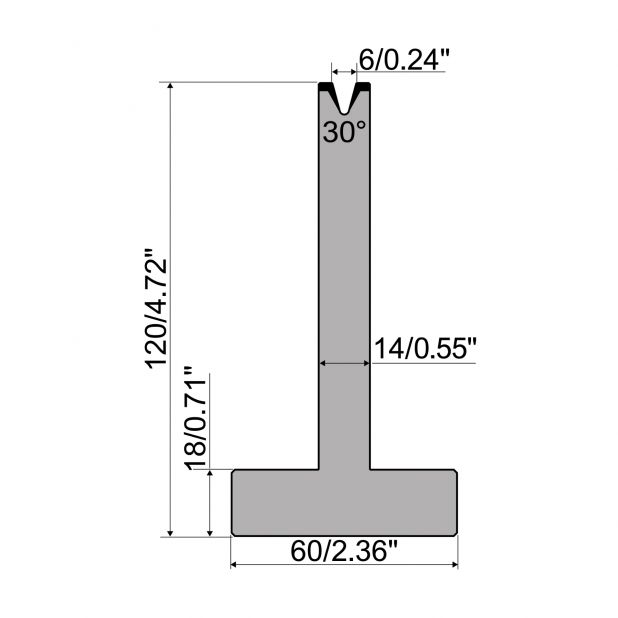T-Matrijs R1 Eurostyle type met hoogte=120mm, α=30°, Radius=0,6mm, Gereedschapsstaal=C45, Max. capaciteit=35