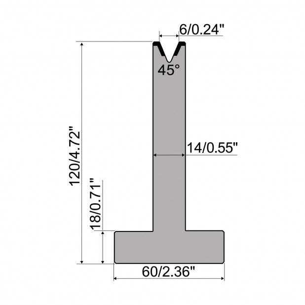 T-Matrijs R1 Eurostyle type met hoogte=120mm, α=45°, Radius=0,8mm, Gereedschapsstaal=C45, Max. capaciteit=50