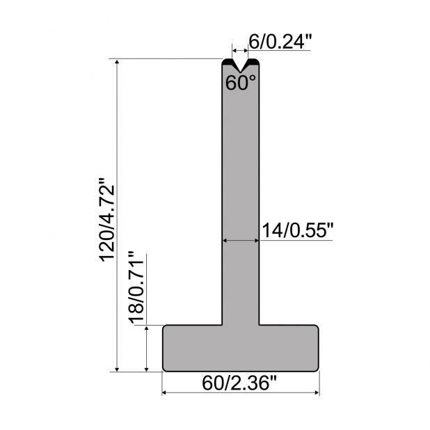 T-Matrijs R1 Eurostyle type met hoogte=120mm, α=60°, Radius=0,5mm, Gereedschapsstaal=C45, Max. capaciteit=60