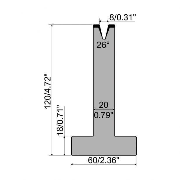 T-Matrijs R1 Eurostyle type met hoogte=120mm, α=26°, Radius=1mm, Gereedschapsstaal=C45, Max. capaciteit=200k
