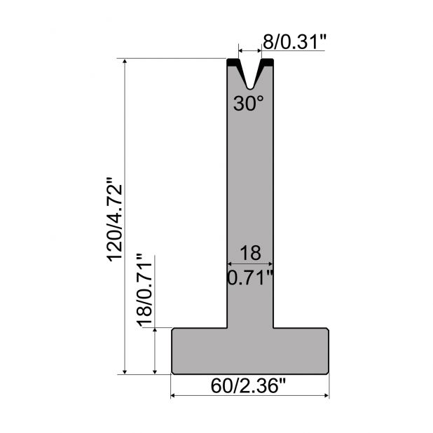 T-Matrijs R1 Eurostyle type met hoogte=120mm, α=30°, Radius=0,8mm, Gereedschapsstaal=C45, Max. capaciteit=35