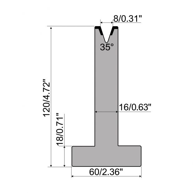 T-Matrijs R1 Eurostyle type met hoogte=120mm, α=35°, Radius=1mm, Gereedschapsstaal=C45, Max. capaciteit=350k