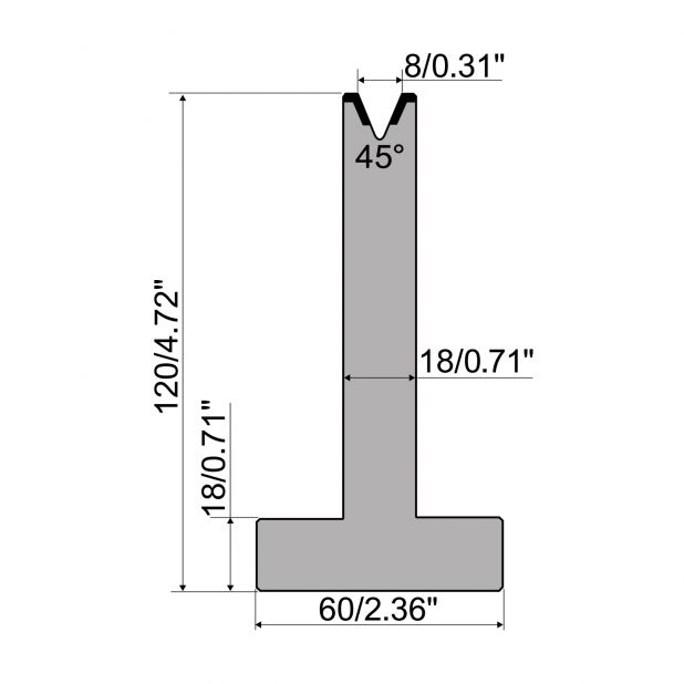 T-Matrijs R1 Eurostyle type met hoogte=120mm, α=45°, Radius=1mm, Gereedschapsstaal=C45, Max. capaciteit=500k